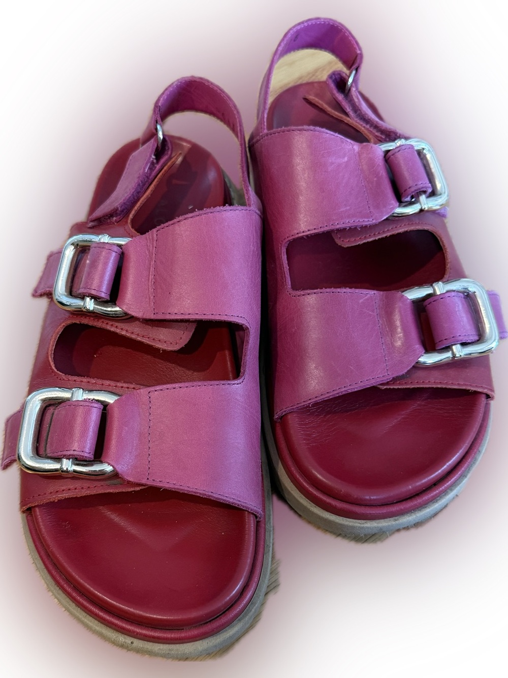 ALOHAS Pink Double-Buckle Leather Slingback Sandals